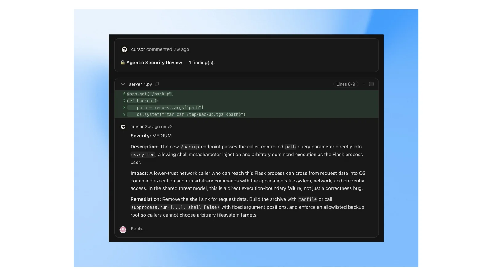 Cursor Security Review가 풀 리퀘스트에서 명령어 인젝션 취약점의 심각도와 공격 영향, 수정안을 표시한 공식 예시 화면