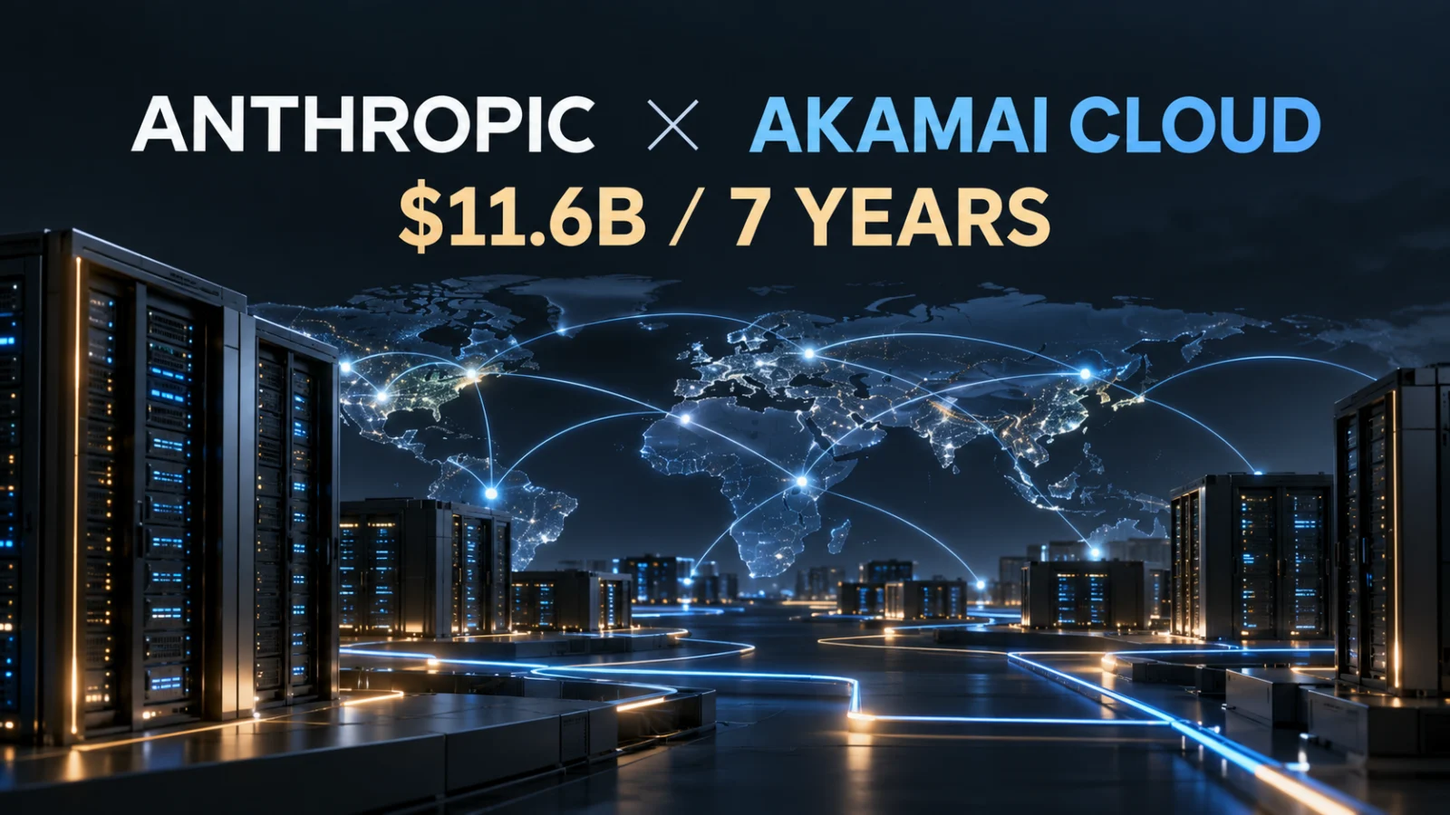 글로벌 데이터센터와 네트워크 위에 ANTHROPIC × AKAMAI CLOUD, $11.6B / 7 YEARS 문구가 표시된 개념 일러스트