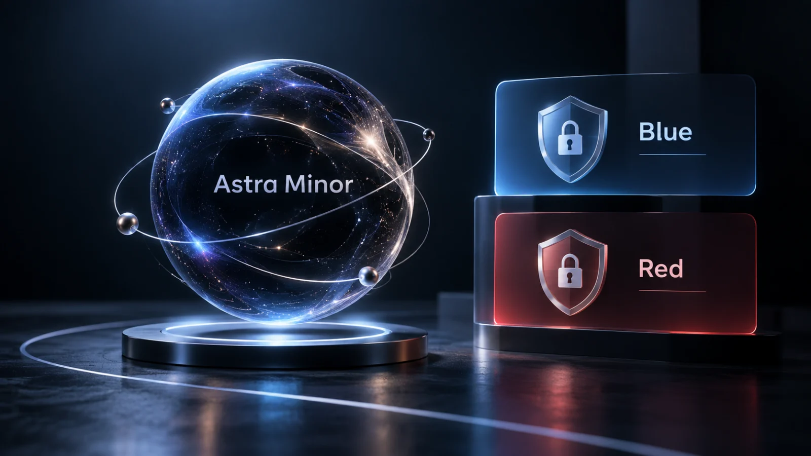Astra Minor를 상징하는 우주형 구체 옆에 Blue와 Red 보안 단계를 자물쇠 방패로 표현한 개념 이미지