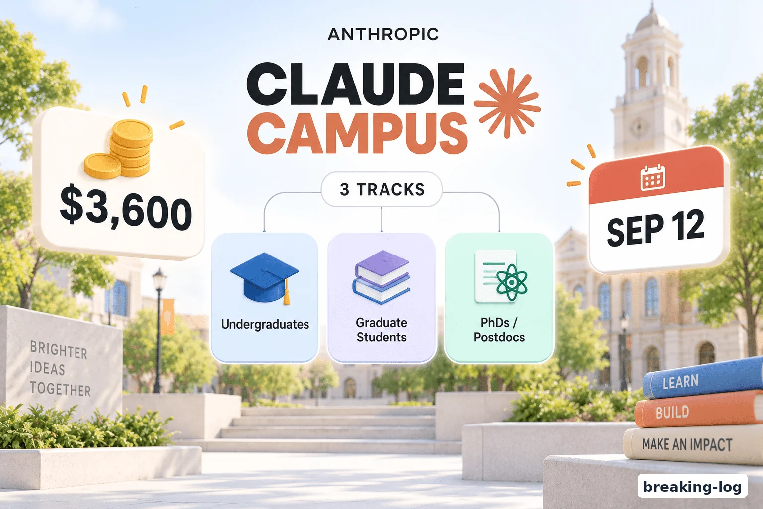 Claude Campus Ambassadors의 3개 학생 트랙과 3,600달러 활동비, 지원 마감을 표현한 그래픽