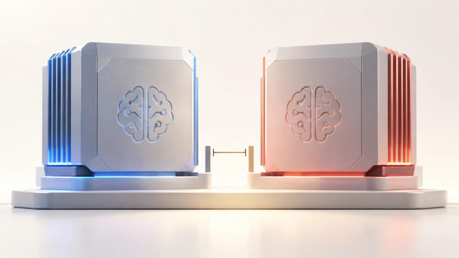 비슷한 높이로 나란히 놓인 파란색과 붉은색 AI 프로세서 사이의 작은 간격을 보여주는 3D 개념 이미지