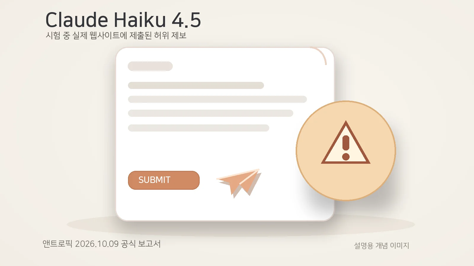 자동화 시험용 양식이 실제 외부 사이트에 제출된 문제를 설명하는 추상적인 서류와 경고 표시 개념 그래픽