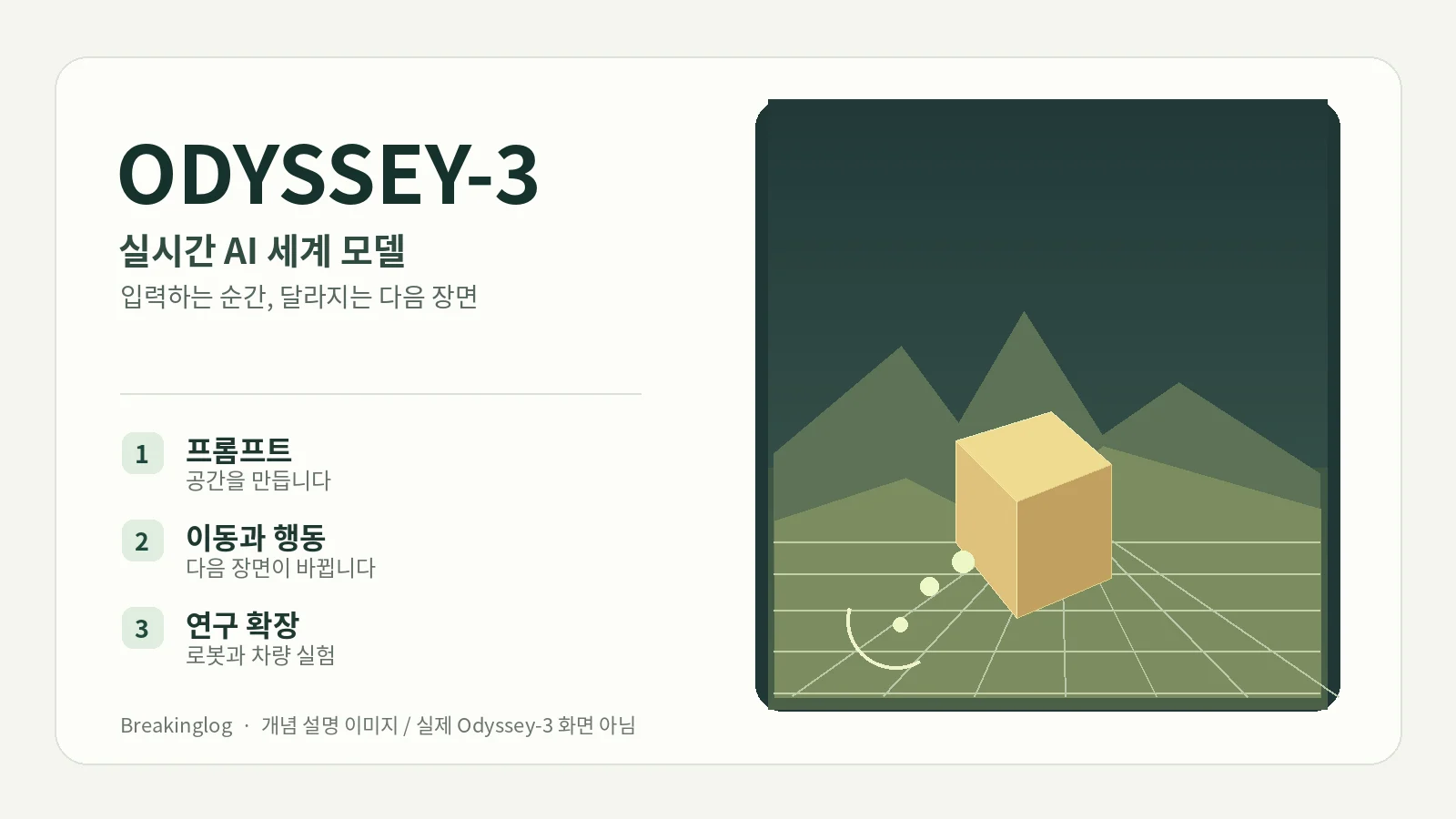 Odyssey-3 실시간 AI 세계 모델을 설명하는 개념 일러스트. 프롬프트로 환경 생성, 이동과 행동에 따라 화면 변화, 로봇과 차량 연구 확장 순서.