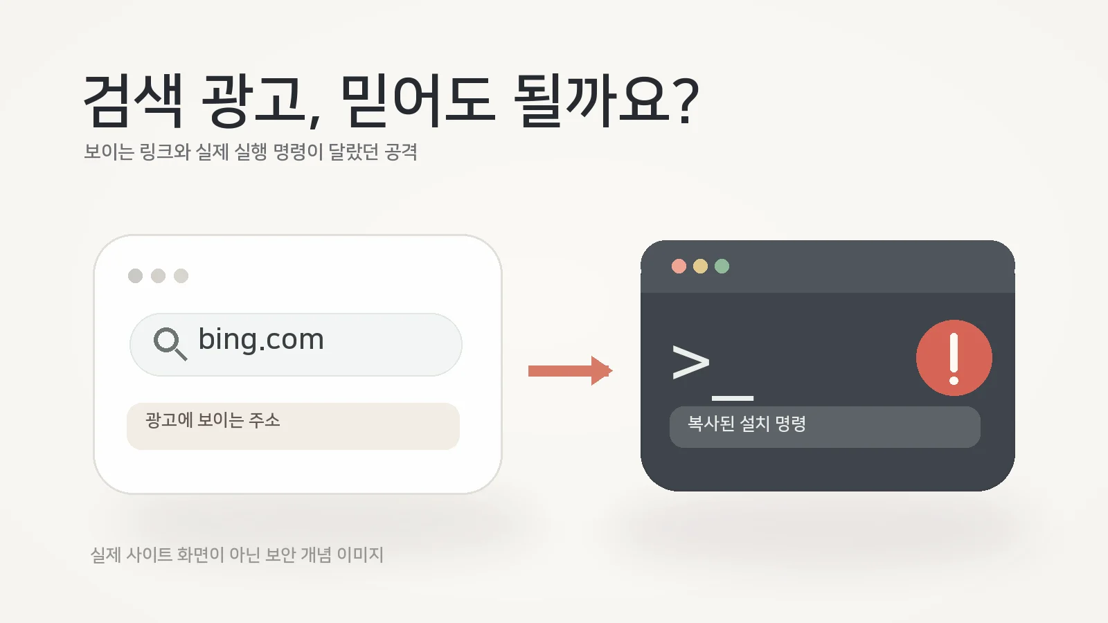 검색 광고에 표시된 bing.com 주소와 실제로 복사된 설치 명령이 다를 수 있음을 경고하는 편집 개념 그래픽