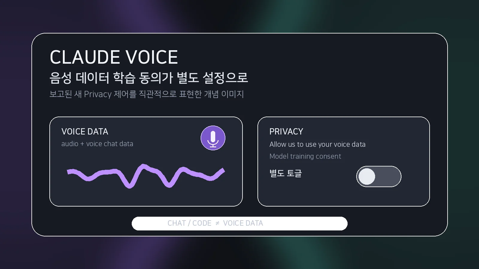 음성 파형과 Privacy의 별도 모델 학습 토글을 나란히 보여주는 개념 이미지