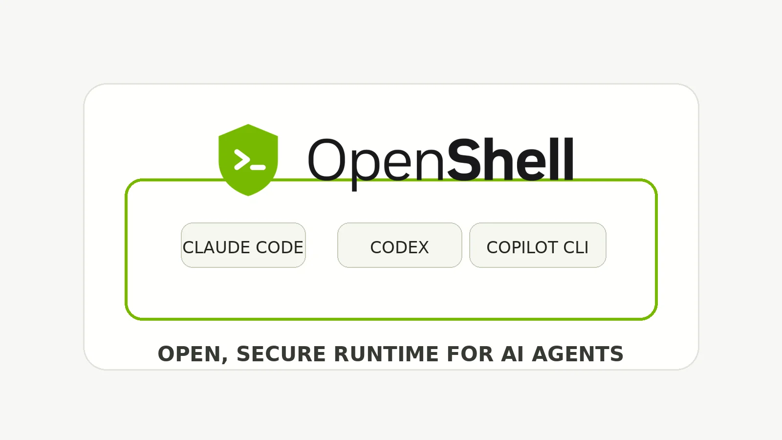 OpenShell 로고 아래에 Claude Code, Codex, Copilot CLI가 보안 경계 안에 배치된 개념 이미지