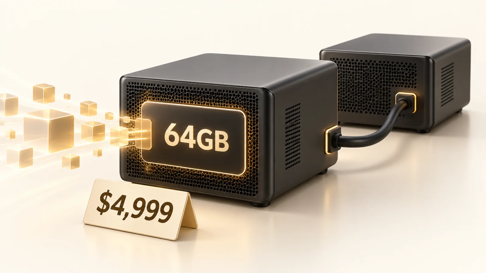 64GB 표시가 있는 두 대의 소형 AI 컴퓨팅 장치가 케이블로 연결되고 4,999달러 시작 가격이 표시된 3D 개념 이미지